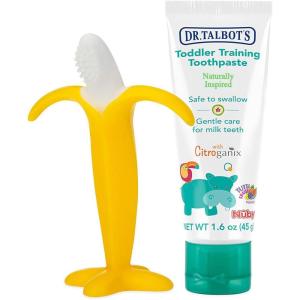 imageDr Talbots Toddler Training Toothpaste Naturally Inspired with Citroganix with Toothbrush Included BlueGreen 16 OunceYellow Banana Toothbrush  Toothpaste