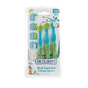 imageDr Talbots Oral Care Set with Stand 4Stage System with 1 Silicone Finger Massager 2 Massaging Brushes 1 Soft Nylon Bristle Toddler Toothbrush 0 Months Blue ampamp Aqua